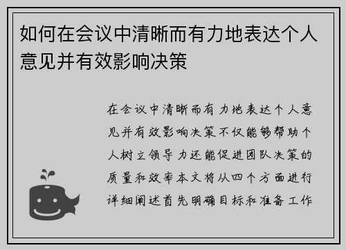 如何在会议中清晰而有力地表达个人意见并有效影响决策